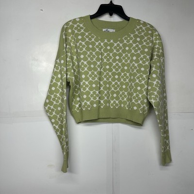 Hollister Women s Green White Patterned Knit Sweater Size L Cropped Pullover