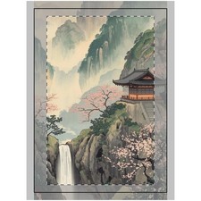 Japanese Mountain Temple Landscape Wall Tapestry Cherry Blossom Scene