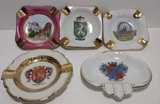 Lot of 5 Vintage Souvenir Ashtrays Germany Austria Porcelain w/ Gold Trim