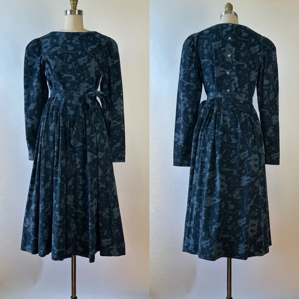 80s Laura Ashley Cotton Fine Wale Corduroy Dress with Belt Tonal Blues S/M - Image 4 of 4