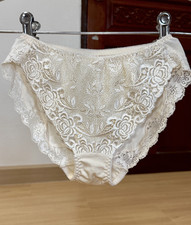 VTG Silky Yellow Nylon Panty Bold Floral Lace Sissy Bikini Hi Cut Brief Sz.6/M