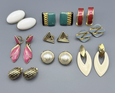 Vintage Clip On Earrings Lot Of 9 Gold Tone Enameled Faux Pearl Multi Color
