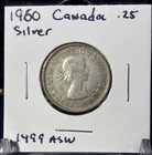 1960 Canada 25 Cents Elizabeth II - .925 Fine Silver - .1499 ASW - KM 52 - Nice
