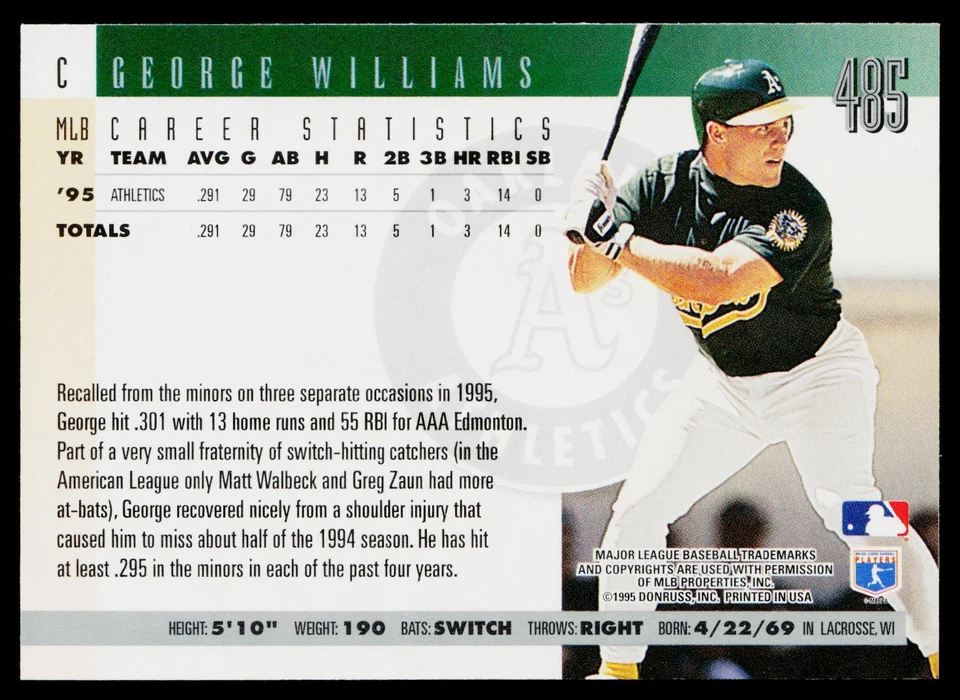 1996 Donruss #485 George Williams Oakland Athletics Rookie - Image 2 of 2