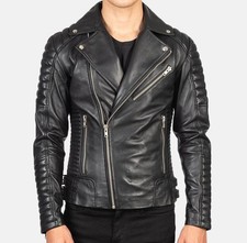 Men s Real Lambskin Leather Jacket Black Quilted Biker Moto Motorcycle Coat