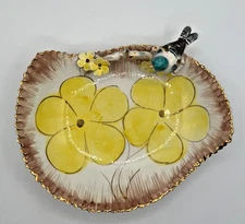 Vintage Ceramic Yellow Flower Daisy Blue Green Bird on perch Fruit Bowl Italian