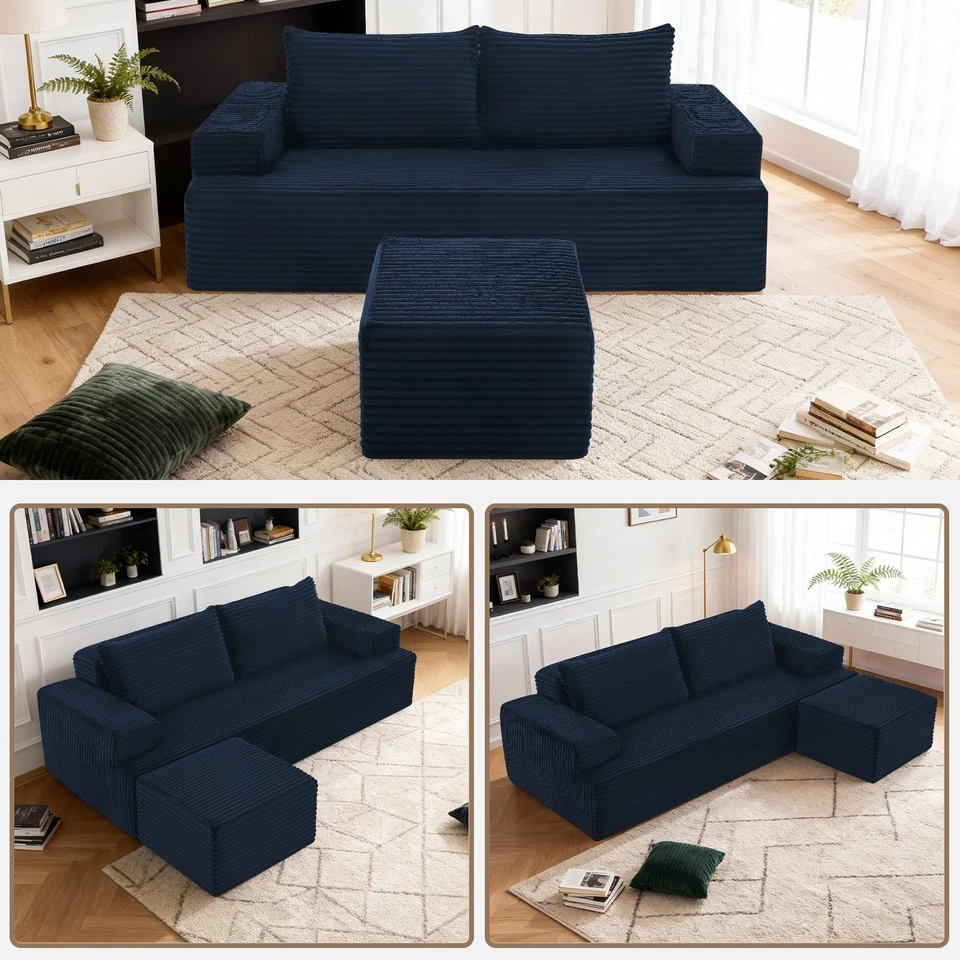 83.5" Modular Sectional Sofa, Convertible L-Shaped Corduroy Couches with Ottoman - Image 3 of 4