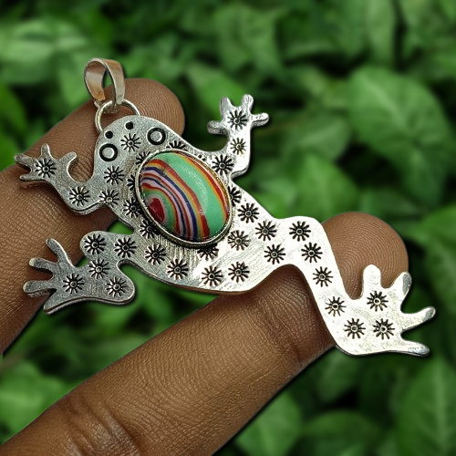 Ethnic Rainbow Calsilica Gemstone Frog Pendant 925 Silver Plated Trendy Jewelry - Bild 2 von 6
