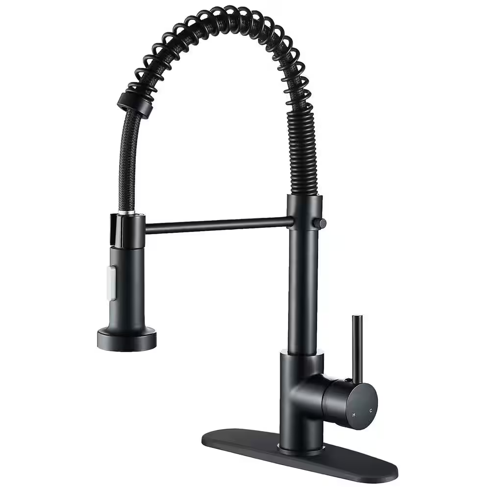 High Arc Single Handle Pull Down Sprayer Kitchen Faucet with Deckplate Spiral PU Hose