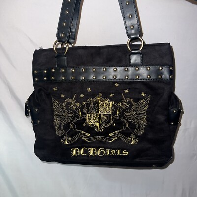 BCBGirls Brown Suede Y2K Purse Handbag Gold Embroidered Signature