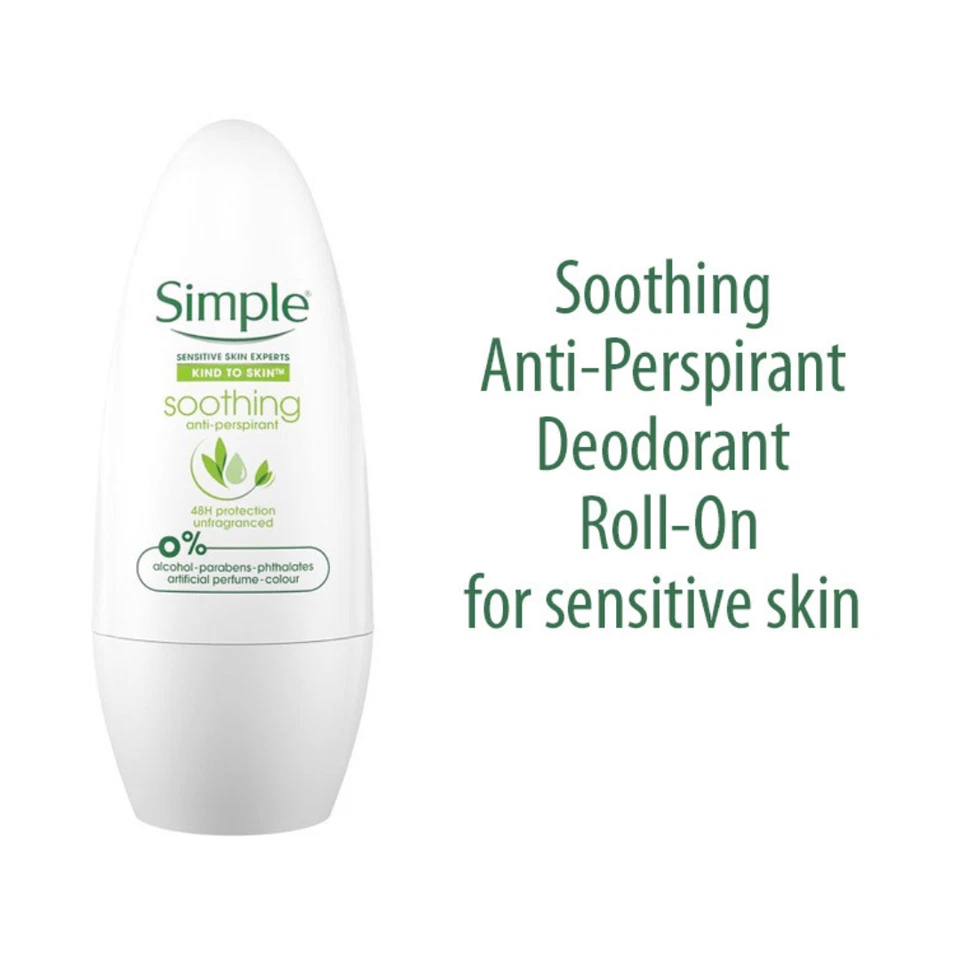 10 X Simple Emolliente Anti Deodorante Antitraspirante Tipo A Pelle Roll-On 50ml - Immagine 4 di 4