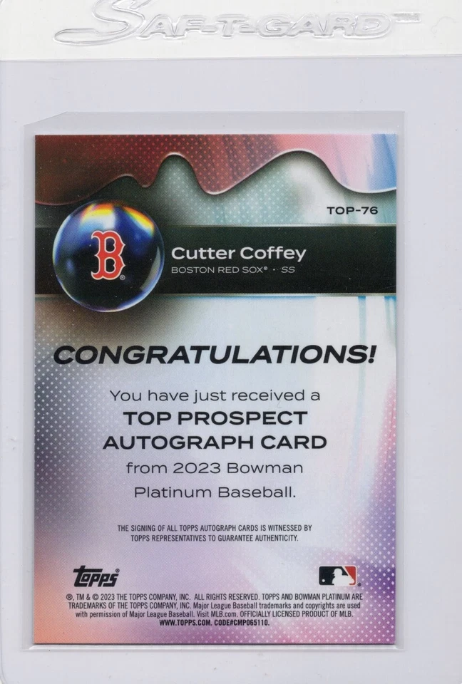 2023 Bowman Platinum Cutter Coffey Top Prospect Auto Autograph #TOP-76 Red Sox - Image 2 of 2