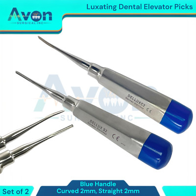 2mm Curved & Straight Luxating Tooth Elevator Picks, Blue, German Steel - 2PK