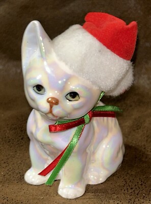 Vintage 1988 Enesco White Iridescent Cat Xmas 4   Figurine w Santa Hat & Ribbon