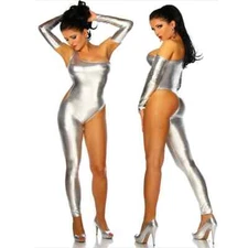 Sexy Metallic One Shoulder One Leg Catsuit Womens Shiny Jumpsuit with Gloves