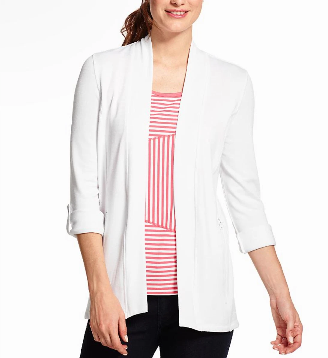 TALBOTS WOMEN S WHITE LONG SLEEVE FLYAWAY OPEN FRONT TERRY