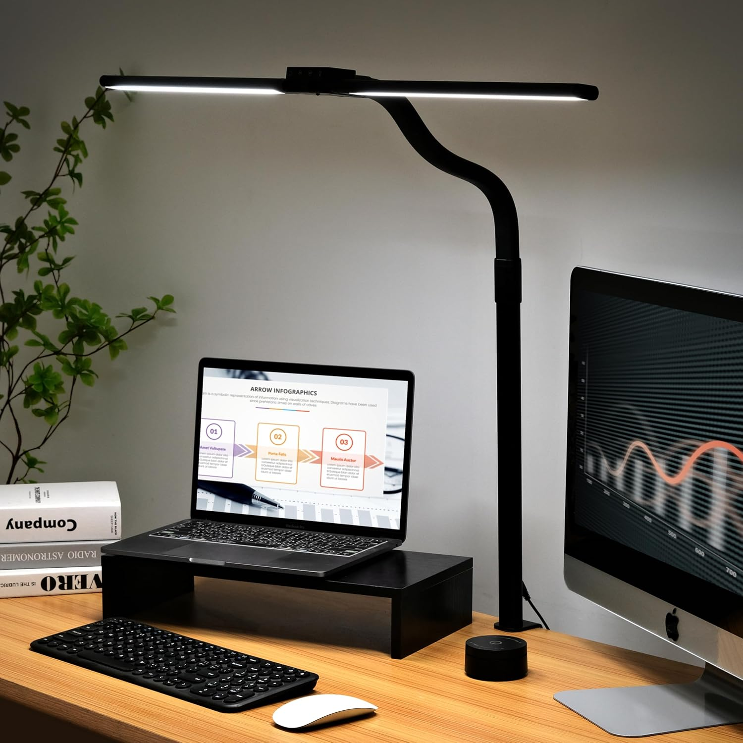 Lámpara de Escritorio LED para Oficina en Hogar, Luz de Escritorio de Doble Cabezal con Abrazadera, Arco para Cuidado de Ojos