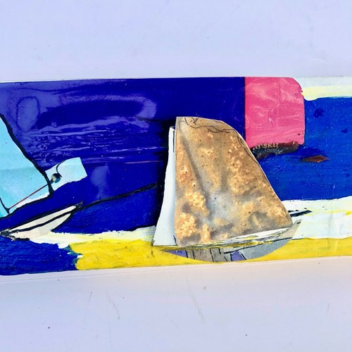 SEA SERIES 13 Pink White Boat Ocean Seascape Collage Painting Steven Tannenbaum - Picture 5 of 12