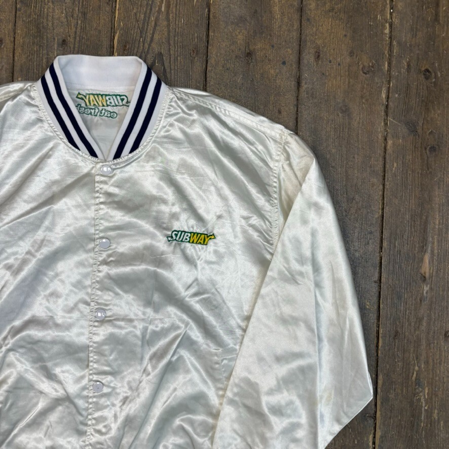 Vintage Bomber Jacket Subway Satin USA Baseball 90s Sports Coat, White, Mens XL image 2