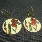 Cloisonné Earrings Vintage Iris Floral Gold Tone Dangle Round