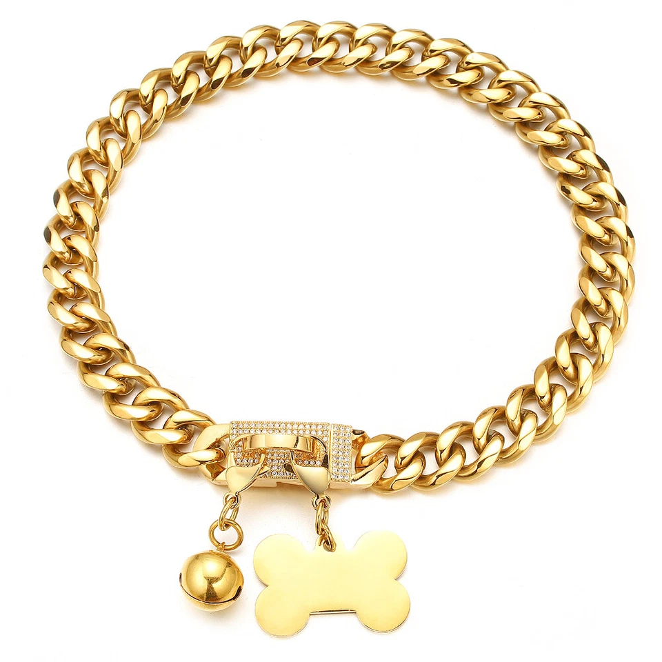 Collar de cadena para perro enchapado en oro 15/19 mm collar de cadena de eslabones cubanos bling collar para mascotas Foto 4 de 4