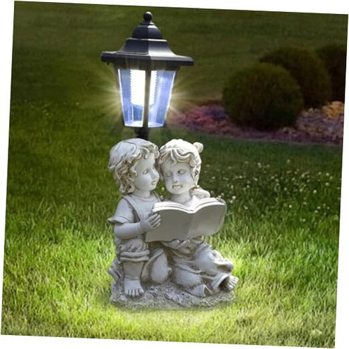 Solar Garden Outdoor Decor Statues Angel Boy and Girl Reading Book with