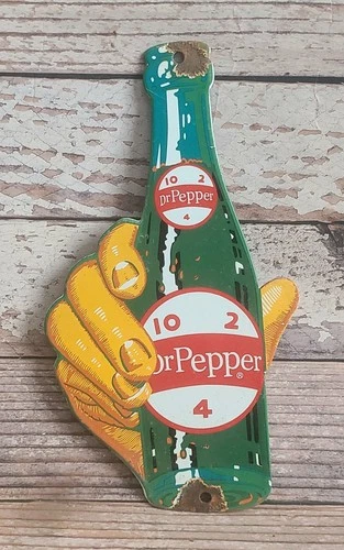 Vintage Dr Pepper Soda Porcelain Metal Sign - Hand With Bottle
