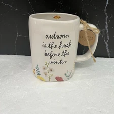 RAE DUNN  Autumn Is The Hush Before The Winter Mug All Around Leaves Flowers NWT