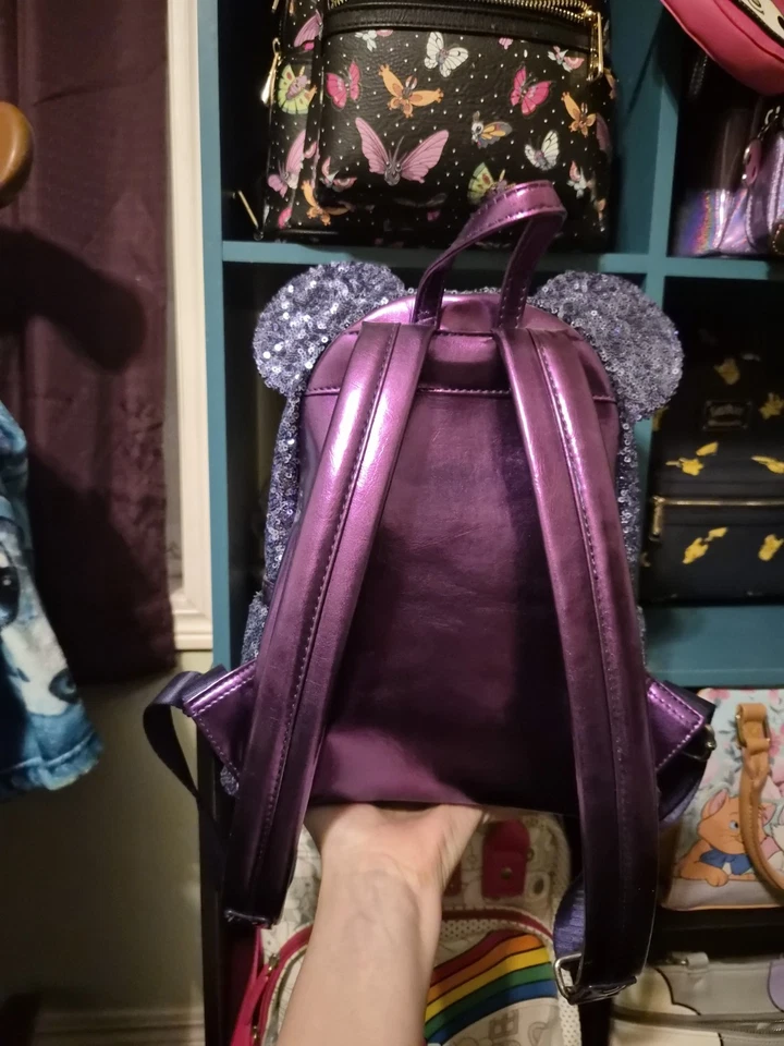 Disney Parks Loungefly Purple Minnie Ears Sequin Mini Backpack Bag READ DESC - Image 3 of 4