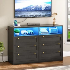 HOOBRO 6 Drawer Dresser with LED Lights Rattan Chest of Drawers Rattan Dresser