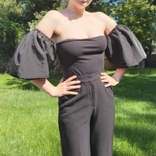   Express black bodysuit off shoulder puff sleeves   .  