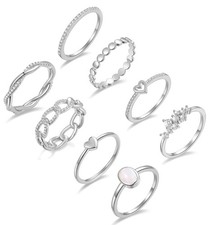 Stacking Rings Set 14K Gold Silver Plate CZ Heart Simple Cute Band Size 4-11