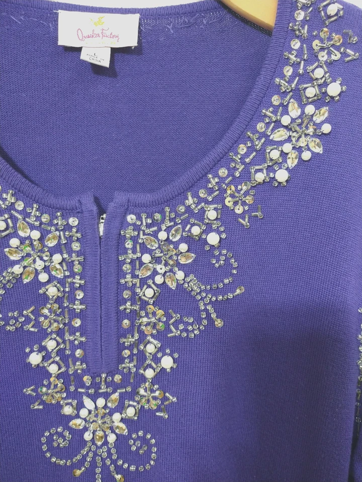 Festive Quacker Factory Purple Beaded Sequin Knit Sweater, sz L Holiday Party - Image 2 of 4