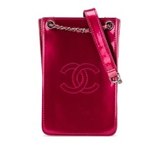 Authenticated Chanel CC Patent Phone Holder Crossbody Dark Pink Leather