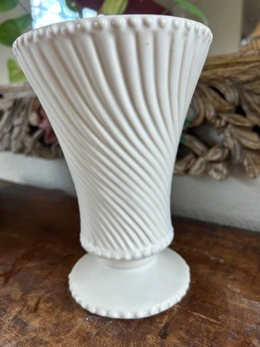 Vintage McCoy Pottery Swirl Vase Ceramic Footed Beaded Base Matte White 8.25”