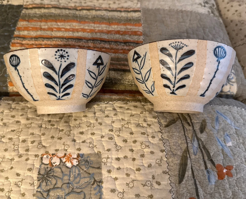 Set Of 2 Now Designs Element Stoneware Bowls Blue n Beige Floral - Image 2 of 4