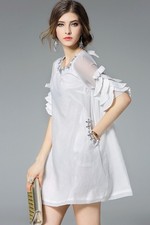 White A-Line Beaded Mini Dress With Ruffled Sleeve Detail