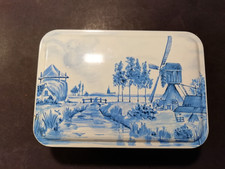 Alte rechteckige Blechdose M&uuml;hlenmotiv Delft blau/wei&szlig; Patria Amsterdam Holland