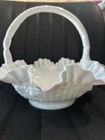 Fenton White Milk Glass Cabbage Rose Basket W/Ruffle Edge And Handle 9” Wide VTG