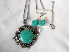 Western Boho Faux Turquoise Pendant Necklace Earrings Set 24" USA Seller New