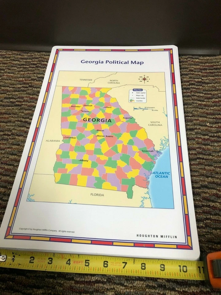 Mapa físico político Houghton de Georgia laminado doble cara 17"X11" prístino Foto 3 de 4