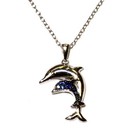 New 925 sterling silver .05ct SI1 blue diamond Mother Child Dolphin pendant 2.4g — photo 1