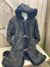 Lulu Vintage Real Suede Faux Fur Lined Black Knee Length Toggle Coat/hood 8-10uk