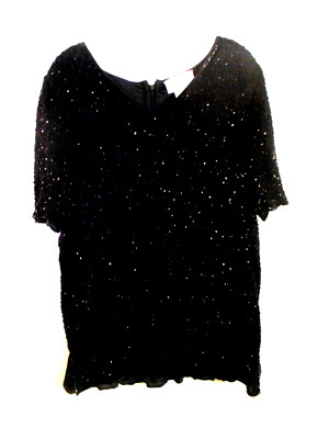 Candlelight Champagne Black Silk 18W Short Sleeve V Neck Lined Top Beaded