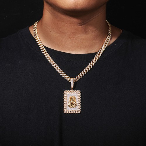 Collana Hip Hop Completa 5A Zirconi Quadrati Faccia di Gesù Ciondolo Uomo Gioielli Religiosi - Foto 4 di 10