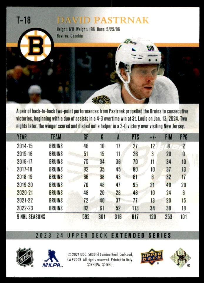 2023-24 Upper Deck Extended Series Retro David Pastrnak #T18 - Image 2 of 2