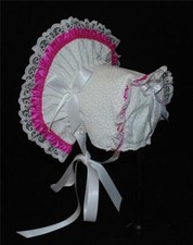 New Handmade White with Mauve Trim Baby Bonnet
