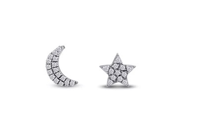 Round Cut Natural Diamond Star & Moon Earrings in 10K Solid White Gold