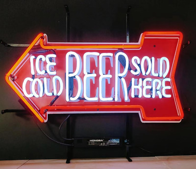 Ice Cold Beer Sold Here Open Lamp Neon Light Sign Beer Man Cave Glass 24x15