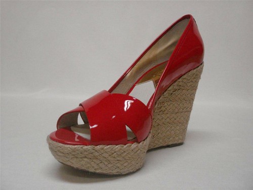 $145 NIB MICHAEL BY MICHAEL KORS CASSANDRA WEDGE SANDALS 9.5M RHUBARB RED PATENT - Picture 5 of 9
